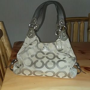 Gray/silver signature coach bag